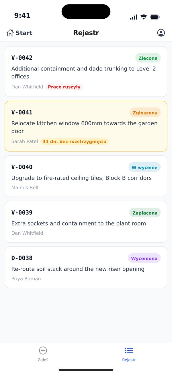 The Register on a phone set to Polish: the same UK job’s variations, V-0039 to V-0042 and the draft D-0038, with their statuses in Polish