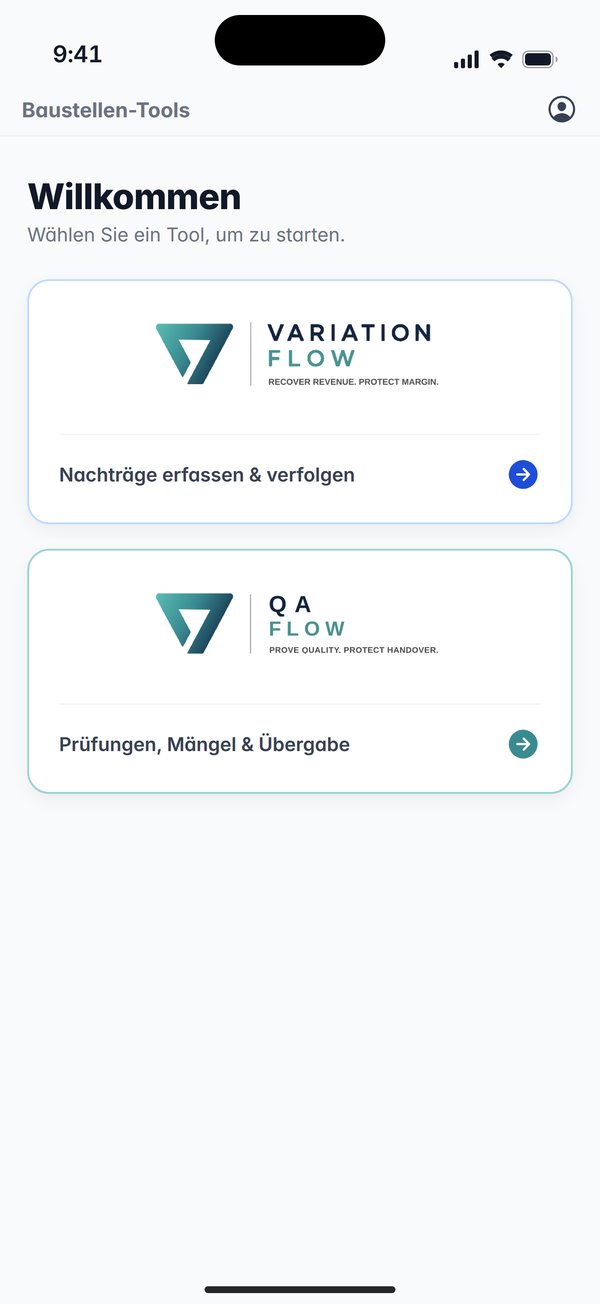 Der Startbildschirm der VariationFlow-App auf Deutsch: Wahl zwischen VariationFlow und QA Flow