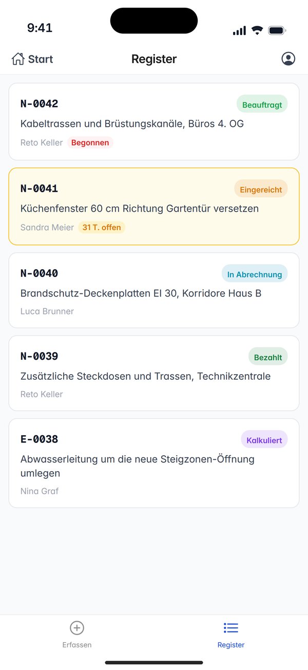 Das Register der App auf Deutsch: Nachträge N-0039 bis N-0042 und der Entwurf E-0038, mit Status und Auftraggeber