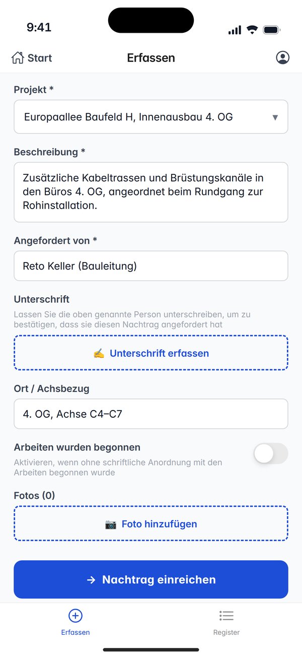 Der Erfassen-Bildschirm der App auf Deutsch: Projekt, Beschreibung, angefordert von, Unterschrift, Ort und Achsbezug, der Schalter für begonnene Arbeiten und Fotos