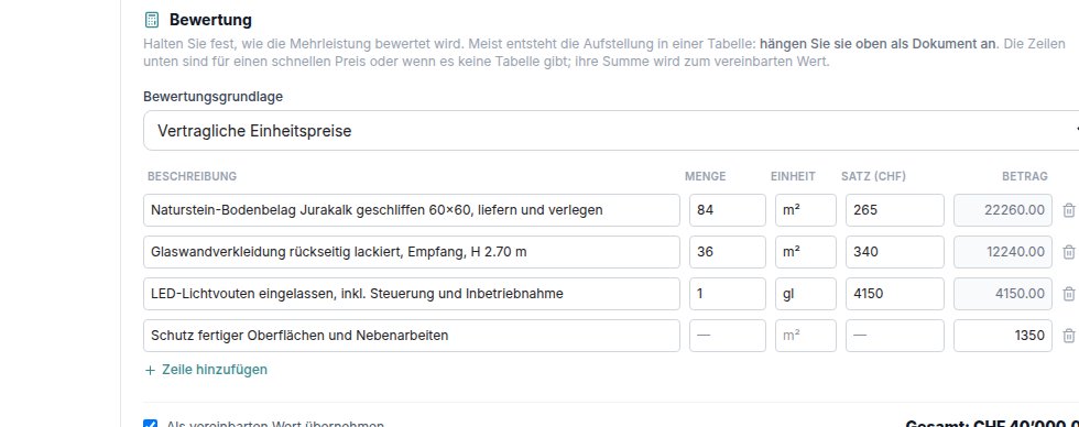 Die Bewertung eines kalkulierten Nachtrags: Naturstein-Bodenbelag, Glaswandverkleidung, LED-Lichtvouten und Schutz, zusammen CHF 40’000