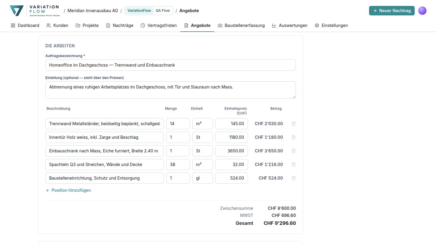 Eine Offerte für ein Homeoffice im Dachgeschoss: Trennwand, Innentür, Einbauschrank und Malerarbeiten, total CHF 9’296.60 inklusive MWST