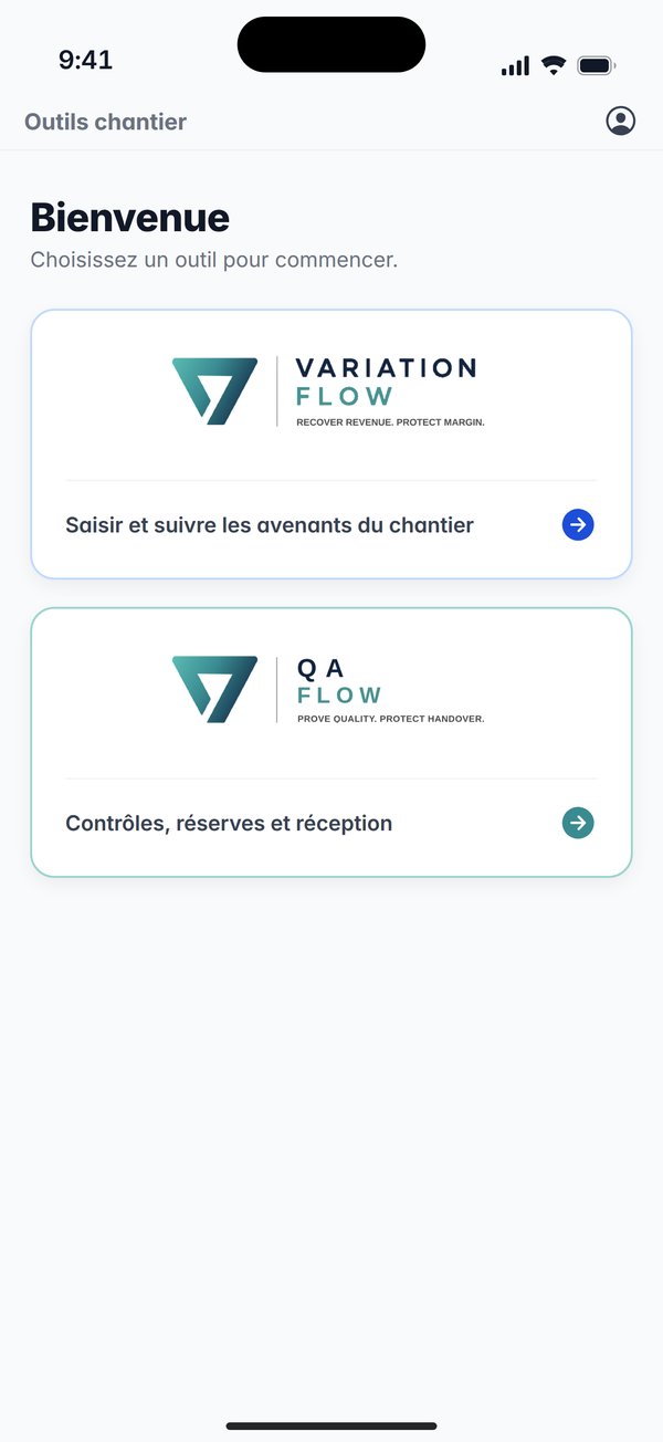 L’écran d’accueil de l’application VariationFlow en français : choix entre VariationFlow et QA Flow