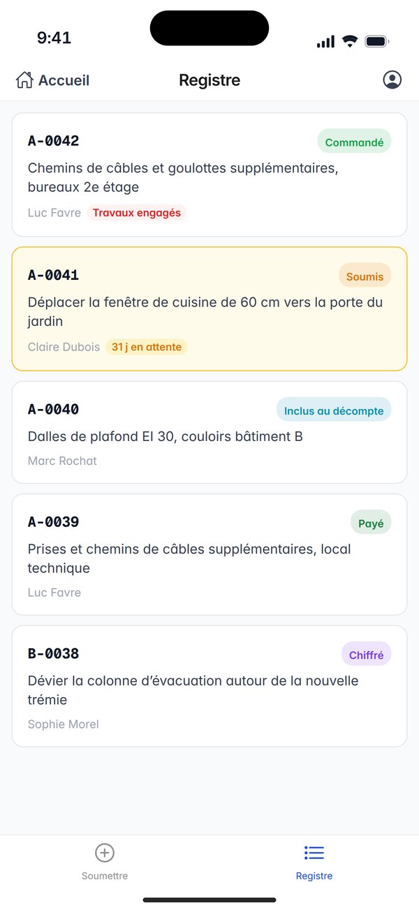 Le registre de l’application en français : avenants A-0039 à A-0042 et le brouillon B-0038, avec leur statut et le demandeur