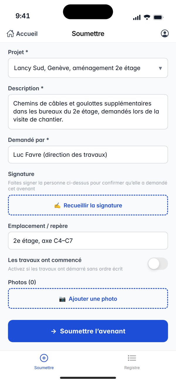 L’écran de saisie de l’application en français : projet, description, demandé par, signature, emplacement et repère, l’interrupteur des travaux commencés et les photos