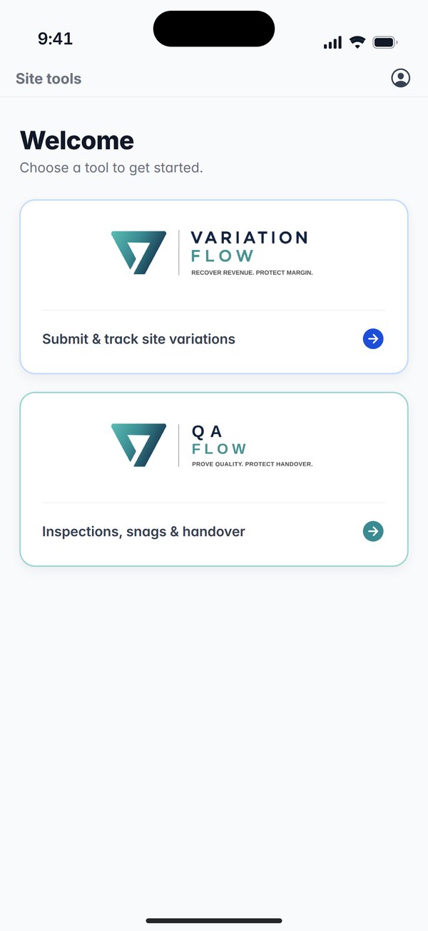 The VariationFlow app home screen, choosing between VariationFlow and QA Flow