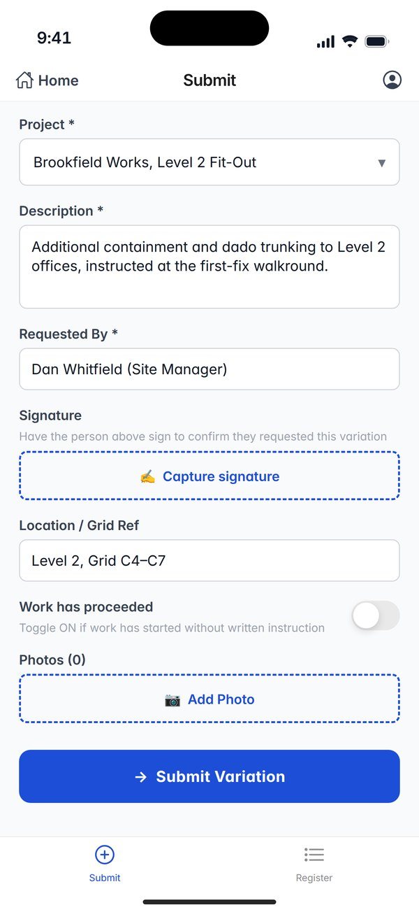 The app’s Submit screen: project, description, requested by, signature, location and grid reference, a work has proceeded switch and photos