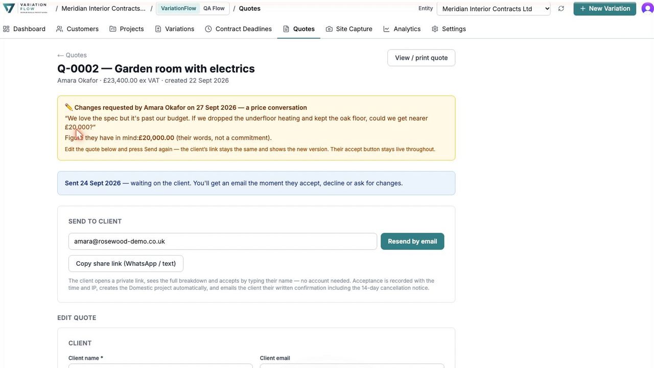 A domestic quote with the client's change request and the figure they have in mind