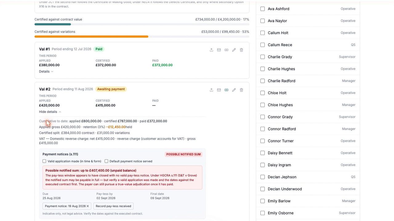 A valuation flagging a possible notified sum after the pay less window closed with no valid notice