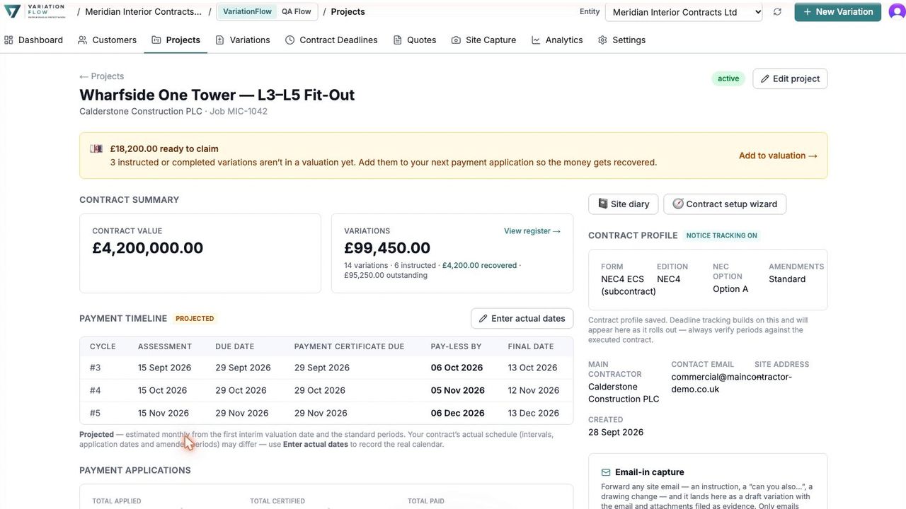 A project hub with the payment timeline: assessment, due date, payment notice, pay less and final date for each cycle